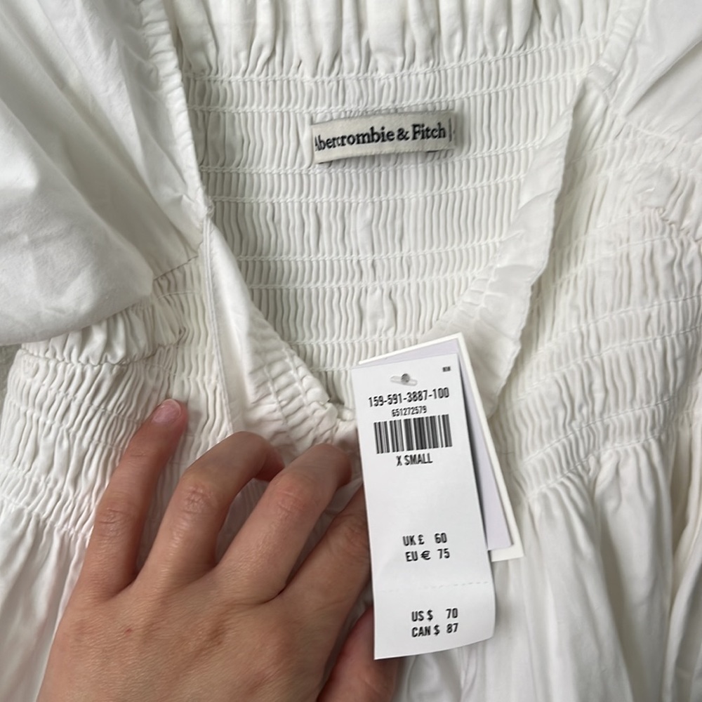 Abercrombie & Fitch Smocked Babydoll Mini Dress WHITE XS Pockets - Picture 5 of 11